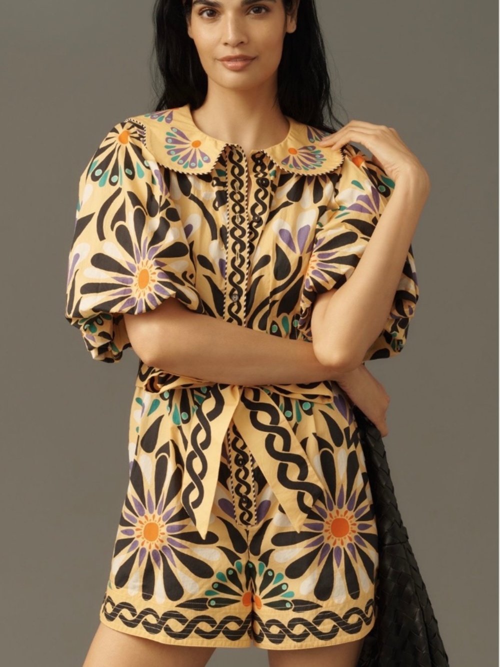 Farm Rio x Anthropologie Ainika Flowers Puff Sleeve Belted Romper Jumpsuit